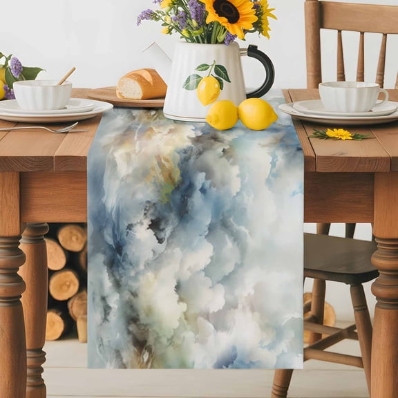 Kitchen Table Runner 36 Inches Long, Abstract Blue Sky White Cloud Cotton Linen Table Runners for Dining Tables Home Holiday Party Wedding, Mountain Nubilous Landscape Tabletop Scarf