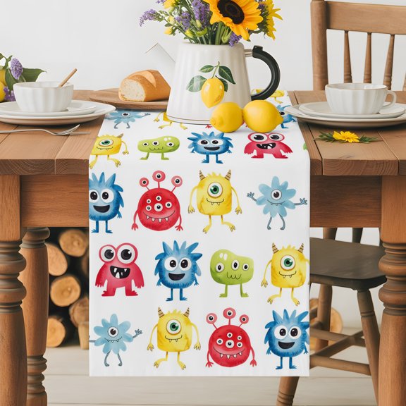 Kitchen Table Runner 36 Inches Long, Abstract Cartoon Monsters Cotton Linen Table Runners for Dining Tables Home Holiday Party Wedding, Seamless Colorful Cute Alien Tabletop Scarf