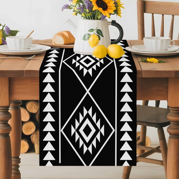 Kitchen Table Runner 36 Inches Long, Abstract Ethnic Geometric Art Cotton Linen Table Runners for Dining Tables Home Holiday Party Wedding, Black White Tribal Triangle Tabletop Scarf