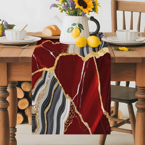 Kitchen Table Runner 36 Inches Long, Abstract Flowing Marble Fluid Art Cotton Linen Table Runners for Dining Tables Home Holiday Party Wedding, Red and Gold Lines Tabletop Scarf
