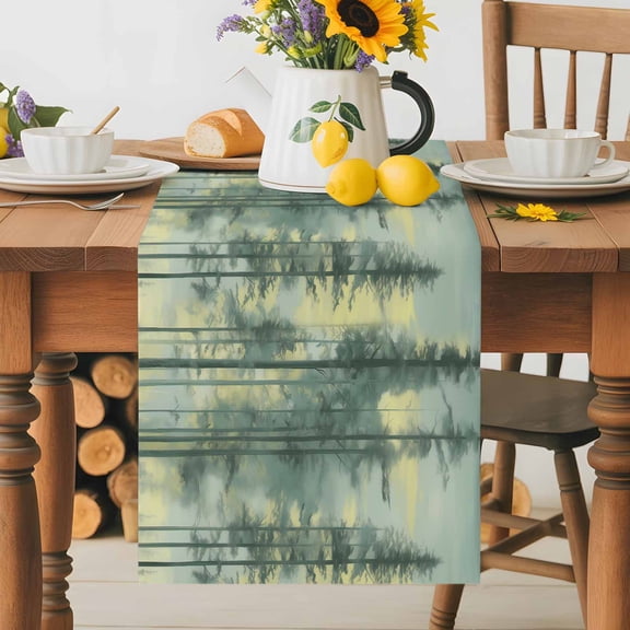 Kitchen Table Runner 36 Inches Long, Abstract Forest Pine Tree Cotton Linen Table Runners for Dining Tables Home Holiday Party Wedding, Oil Painting Natural Scenery Tabletop Scarf
