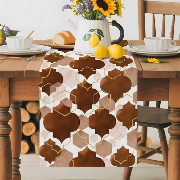 Kitchen Table Runner 36 Inches Long, Abstract Geometric Brown Lattice Cotton Linen Table Runners for Dining Tables Home Holiday Party Wedding, Moroccan Retro Tile Plaid Tabletop Scarf