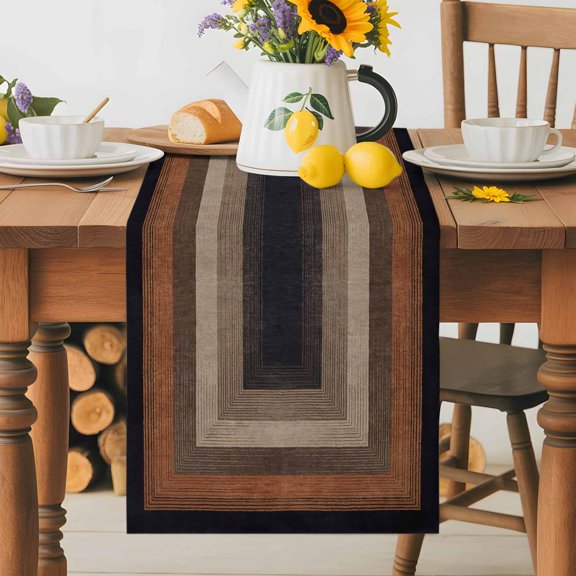 Kitchen Table Runner 36 Inches Long, Abstract Geometric Square Cotton Linen Table Runners for Dining Tables Home Holiday Party Wedding, Black Brown Wood Grain Texture Tabletop Scarf