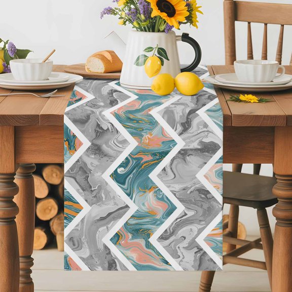 Kitchen Table Runner 36 Inches Long, Abstract Geometric Zigzag Chevron Cotton Linen Table Runners for Dining Tables Home Holiday Party Wedding, Modern Marble Texture Tabletop Scarf