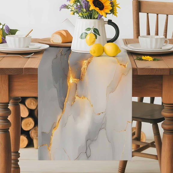 Kitchen Table Runner 36 Inches Long, Abstract Gradient Marble Texture Cotton Linen Table Runners for Dining Tables Home Holiday Party Wedding, Vintage Golden Vein Tabletop Scarf