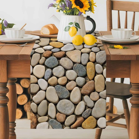 Kitchen Table Runner 36 Inches Long, Abstract Gray Yellow Cobblestone Cotton Linen Table Runners for Dining Tables Home Holiday Party Wedding, Modern Grey Pebble Stone Tabletop Scarf