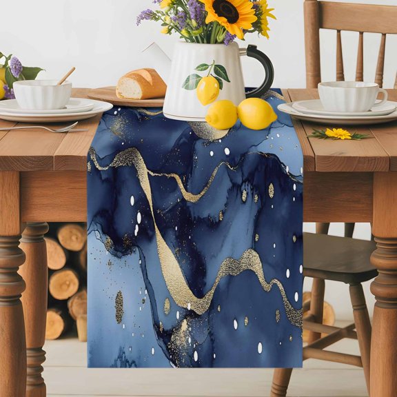 Kitchen Table Runner 36 Inches Long, Abstract Marble Gradient Texture Cotton Linen Table Runners for Dining Tables Home Holiday Party Wedding, Blue Stone with Gold Stripe Tabletop Scarf