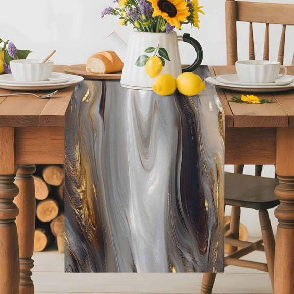 Kitchen Table Runner 36 Inches Long, Abstract Modern Flowing Marble Art Cotton Linen Table Runners for Dining Tables Home Holiday Party Wedding, Gray and Gold Tabletop Scarf