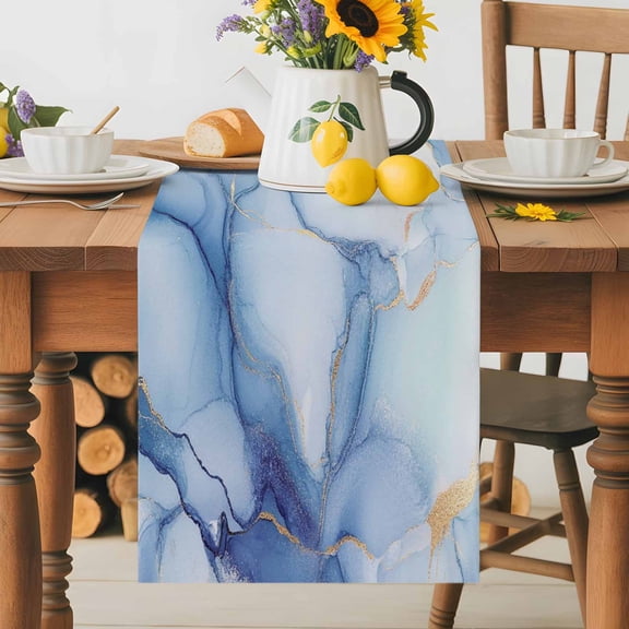Kitchen Table Runner 36 Inches Long, Abstract Ocean Marble Texture Cotton Linen Table Runners for Dining Tables Home Holiday Party Wedding, Simple Golden Line Art Tabletop Scarf