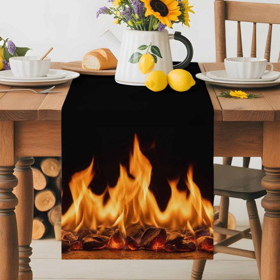 Kitchen Table Runner 36 Inches Long, Abstract Orange Flame on Black Cotton Linen Table Runners for Dining Tables Home Holiday Party Wedding, Flickering Fire Pattern Tabletop Scarf