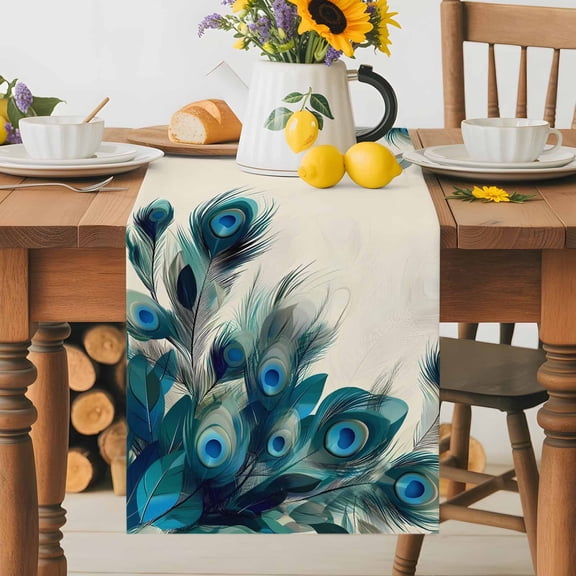 Kitchen Table Runner 36 Inches Long, Abstract Peacock Feather on Beige Cotton Linen Table Runners for Dining Tables Home Holiday Party Wedding, Animal Plume Art Tabletop Scarf