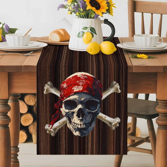 Kitchen Table Runner 36 Inches Long, Abstract Punk Pirate Skull Cotton Linen Table Runners for Dining Tables Home Holiday Party Wedding, Crossbones on Brown Wood Board Tabletop Scarf