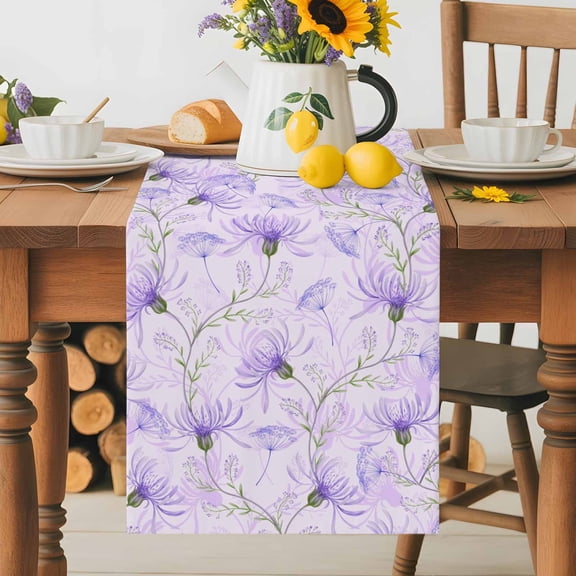 Kitchen Table Runner 36 Inches Long, Abstract Purple Wild Flower Cotton Linen Table Runners for Dining Tables Home Holiday Party Wedding, Rustic Floral Watercolor Herb Tabletop Scarf