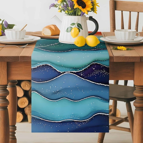 Kitchen Table Runner 36 Inches Long, Abstract Rainbow Wave Marble Texture Cotton Linen Table Runners for Dining Tables Home Holiday Party Wedding, Colorful Ocean Waves Tabletop Scarf