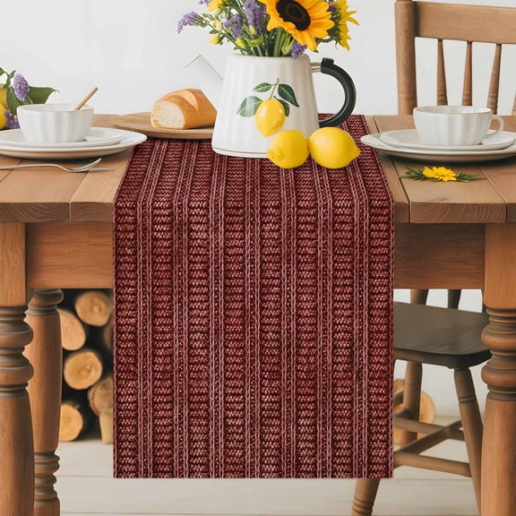 Kitchen Table Runner 36 Inches Long, Abstract Rustic Textile Stripe Texture Table Runners for Dining Tables Home Holiday Party Wedding, Terracotta Knit Weave Tabletop Scarf