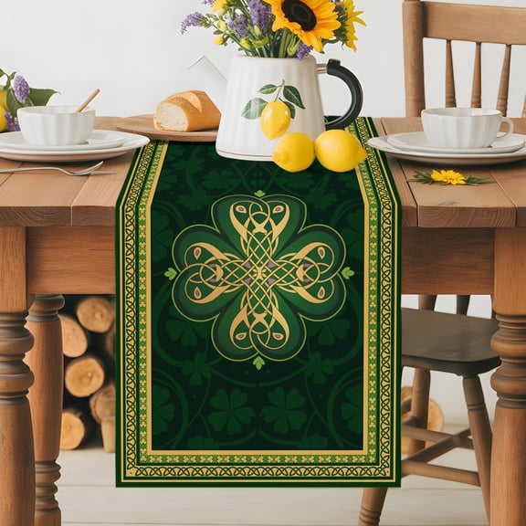 Kitchen Table Runner 36 Inches Long, Abstract Shamrock Celtic Knot Cotton Linen Table Runners for Dining Tables Home Holiday Party Wedding, St. Patrick's Day Green Theme Tabletop Scarf