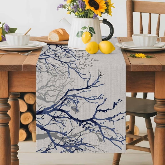 Kitchen Table Runner 36 Inches Long, Abstract Tree Branch Silhouette Cotton Linen Table Runners for Dining Tables Home Holiday Party Wedding, Watercolor Forest Bird Tabletop Scarf