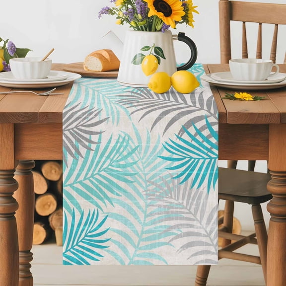 Kitchen Table Runner 36 Inches Long, Abstract Turquoise Gray Palms Leaves Plants Cotton Linen Table Runners for Dining Tables Home Holiday Party Wedding, Modern Art Tabletop Scarf