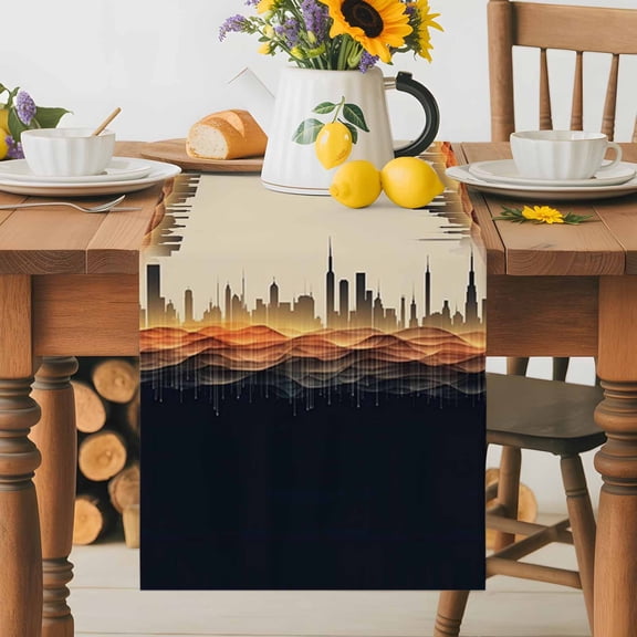 Kitchen Table Runner 36 Inches Long, Abstract Urban Building Silhouette Cotton Linen Table Runners for Dining Tables Home Holiday Party Wedding, Geometric Stripe Wavy Line Tabletop Scarf