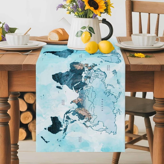 Kitchen Table Runner 36 Inches Long, Abstract World Map Cotton Linen Table Runners for Dining Tables Home Holiday Party Wedding, Teal Blue Gradient Tabletop Scarf
