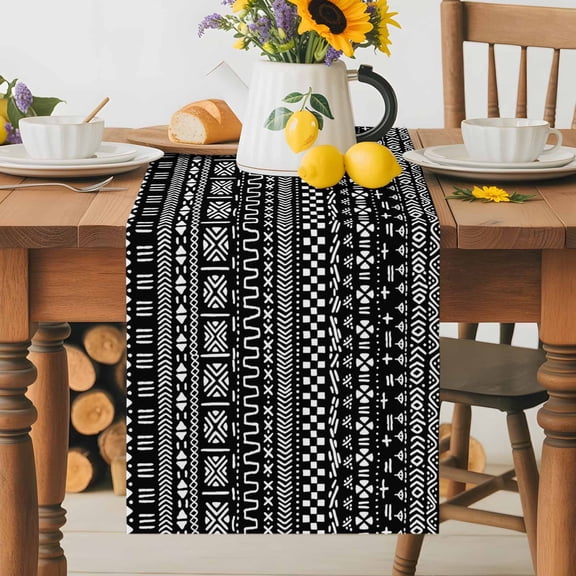 Kitchen Table Runner 36 Inches Long, Africa Traditional Ethnicity Pattern Cotton Linen Table Runners for Dining Tables Home Holiday Party Wedding, Abstract Geometric Art Tabletop Scarf