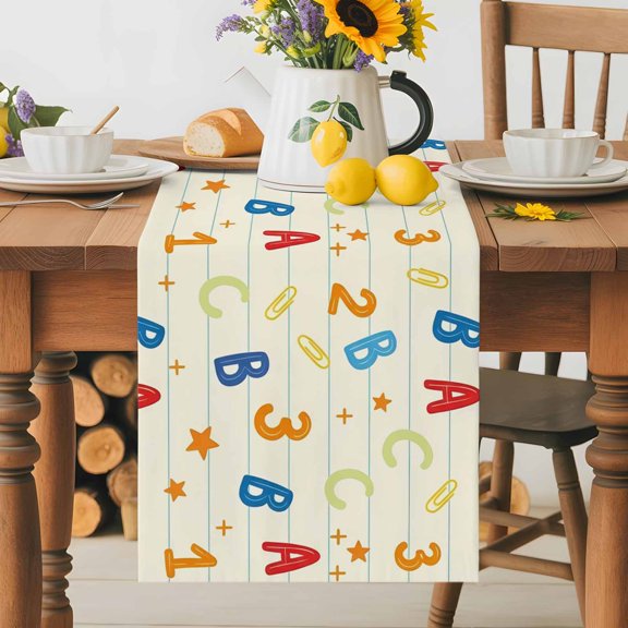 Kitchen Table Runner 36 Inches Long, Alphabet Letters Numbers Cotton Linen Table Runners for Dining Tables Home Holiday Party Wedding, Educational Learning Pattern Tabletop Scarf