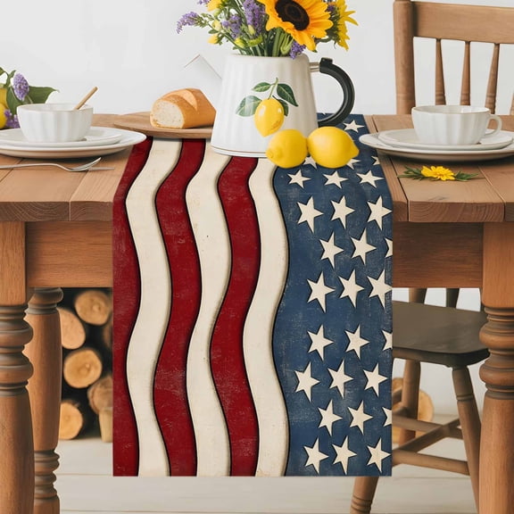 Kitchen Table Runner 36 Inches Long, American Flag Patriotic Cotton Linen Table Runners for Dining Tables Home Holiday Party Wedding, Vintage Stars and Stripes Tabletop Scarf