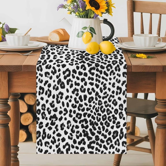 Kitchen Table Runner 36 Inches Long, Animal Snow Leopard Pattern Cotton Linen Table Runners for Dining Tables Home Holiday Party Wedding, Minimalist Monochrome Spotted Tabletop Scarf