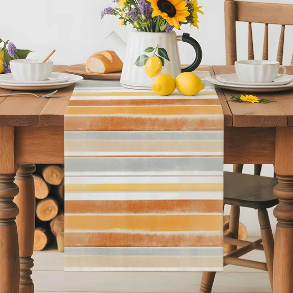 Kitchen Table Runner 36 Inches Long, Autumn Orange Gray Stripes Gradient Art Cotton Linen Table Runners for Dining Tables Home Holiday Party Wedding, Abstract Nordic Style Tabletop Scarf