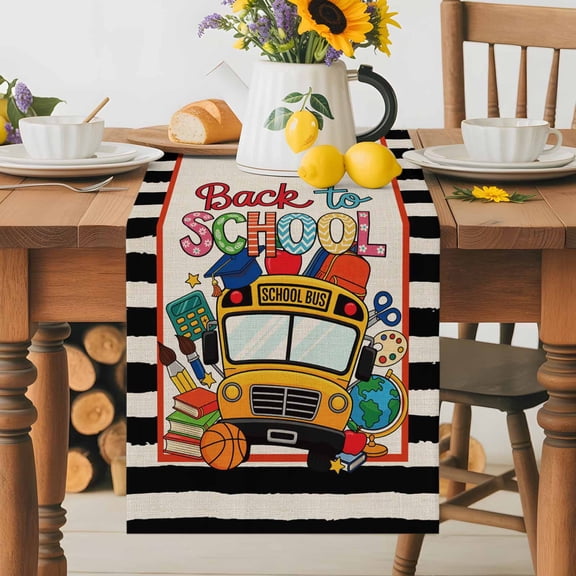 Kitchen Table Runner 36 Inches Long, Back To School Bus Book Brush Cotton Linen Table Runners for Dining Tables Home Holiday Party Wedding, Basketball Black Stripe Flax Tabletop Scarf