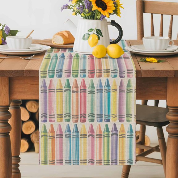 Kitchen Table Runner 36 Inches Long, Back to School Bus Crayon Cotton Linen Table Runners for Dining Tables Home Holiday Party Wedding, Leopard Plaid Stripe Texture Linen Tabletop Scarf