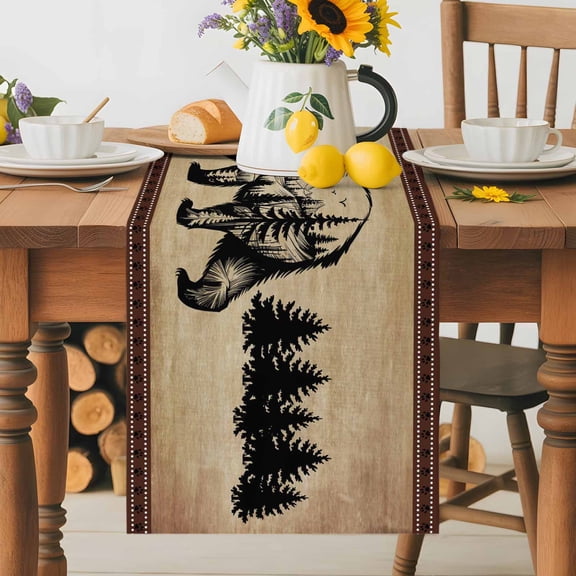 Kitchen Table Runner 36 Inches Long, Bear Forest Mountains Animal Silhouette Cotton Linen Table Runners for Dining Tables Home Holiday Party Wedding, Vintage Brown Gradient Tabletop Scarf