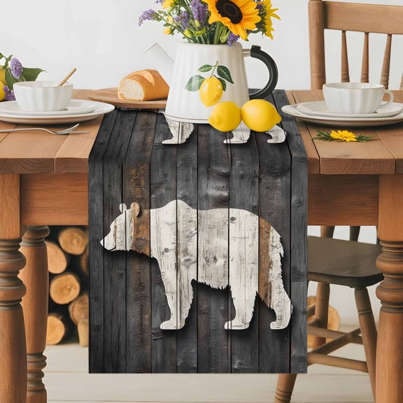 Kitchen Table Runner 36 Inches Long, Bear Shadow Animal Portrait Cotton Linen Table Runners for Dining Tables Home Holiday Party Wedding, Farmhouse Vintage Wood Board Tabletop Scarf