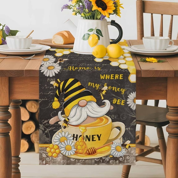 Kitchen Table Runner 36 Inches Long, Bee Gnome Honeycomb Cotton Linen Table Runners for Dining Tables Home Holiday Party Wedding, Rustic Daisy Floral Retro Blackboard Tabletop Scarf