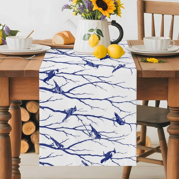 Kitchen Table Runner 36 Inches Long, Birds Silhouette on Rustic Branches Cotton Linen Table Runners for Dining Tables Home Holiday Party Wedding, Blue Bird Animal on White Tabletop Scarf