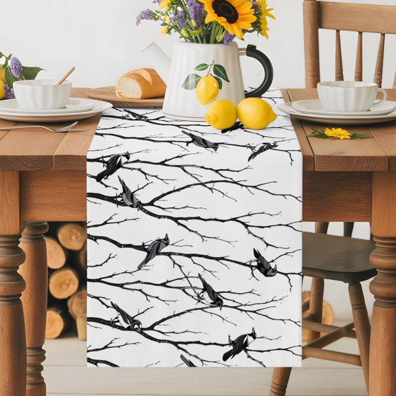 Kitchen Table Runner 36 Inches Long, Black Bird on Branch Silhouette Cotton Linen Table Runners for Dining Tables Home Holiday Party Wedding, Abstract Animal Plant Art Painting Tabletop Scarf