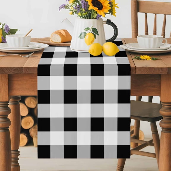 Kitchen Table Runner 36 Inches Long, Black White Buffalo Plaid Cotton Linen Table Runners for Dining Tables Home Holiday Party Wedding, Checkered Gingham Geometric Tabletop Scarf
