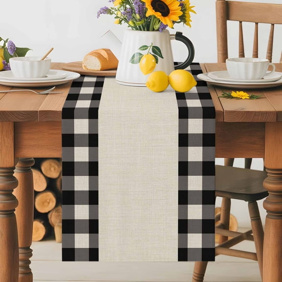 Kitchen Table Runner 36 Inches Long, Black White Buffalo Plaid Cotton Linen Table Runners for Dining Tables Home Holiday Party Wedding, Retro Linen Checkered Tabletop Scarf