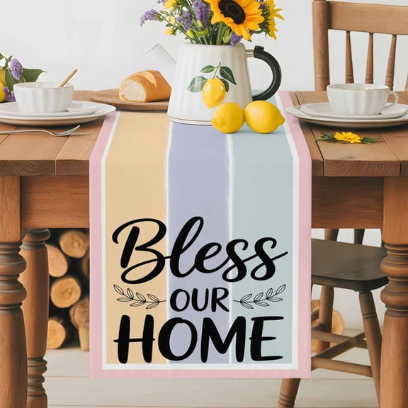 Kitchen Table Runner 36 Inches Long, Bless Our Home Words Cotton Linen Table Runners for Dining Tables Home Holiday Party Wedding, Green Purple Yellow Stripe Tabletop Scarf