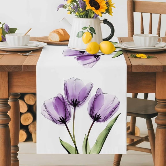 Kitchen Table Runner 36 Inches Long, Blossom Purple Tulip Flower Cotton Linen Table Runners for Dining Tables Home Holiday Party Wedding, Spring Floral Leaves on White Tabletop Scarf