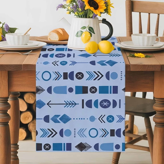 Kitchen Table Runner 36 Inches Long, Blue Aztec Tribal Arrows Cotton Linen Table Runners for Dining Tables Home Holiday Party Wedding, Southwestern Geometric Art Tabletop Scarf