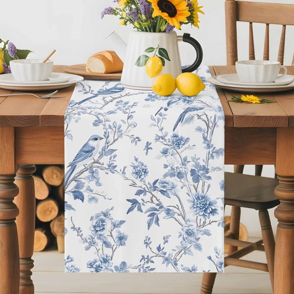 Kitchen Table Runner 36 Inches Long, Blue Chinoiserie Floral Cotton Linen Table Runners for Dining Tables Home Holiday Party Wedding, Bird Seamless Pattern Design Tabletop Scarf