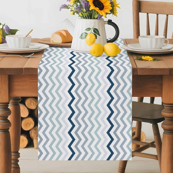 Kitchen Table Runner 36 Inches Long, Blue Gray Chevron Modern Geometric Art Cotton Linen Table Runners for Dining Tables Home Holiday Party Wedding, Zig Zag Lines Tabletop Scarf