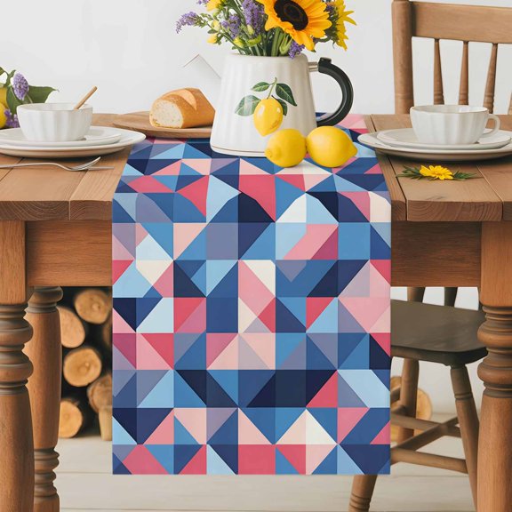 Kitchen Table Runner 36 Inches Long, Blue Red Pink Gradient Color Block Cotton Linen Table Runners for Dining Tables Home Holiday Party Wedding, Modern Abstract Check Tabletop Scarf