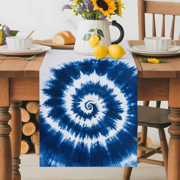 Kitchen Table Runner 36 Inches Long, Blue Tie Dye Vortex Psychedelic Cotton Linen Table Runners for Dining Tables Home Holiday Party Wedding, Abstract Ethnic Tribal Style Tabletop Scarf