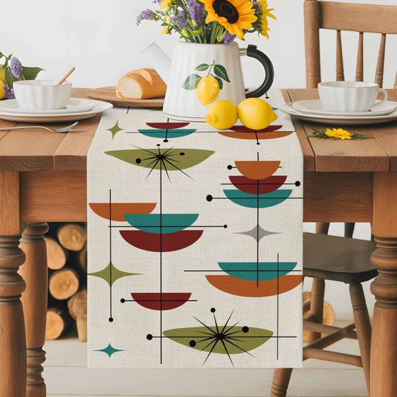 Kitchen Table Runner 36 Inches Long, Boho Abstract Color Block Stripes Cotton Linen Table Runners for Dining Tables Home Holiday Party Wedding, Geometric Art on Burlap Tabletop Scarf