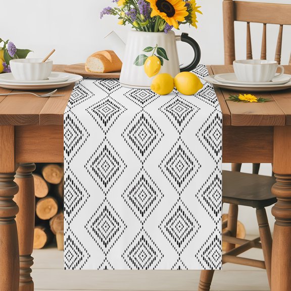 Kitchen Table Runner 36 Inches Long, Boho Black White Diamond Art Cotton Linen Table Runners for Dining Tables Home Holiday Party Wedding, Nordic Ethnic Geometric Texture Tabletop Scarf