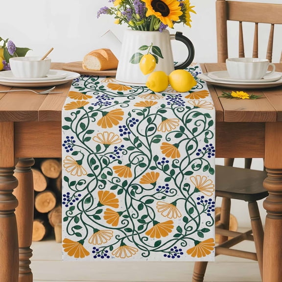 Kitchen Table Runner 36 Inches Long, Boho Botanical Flowers Art Cotton Linen Table Runners for Dining Tables Home Holiday Party Wedding, Teal Orange Cream Plants Tabletop Scarf