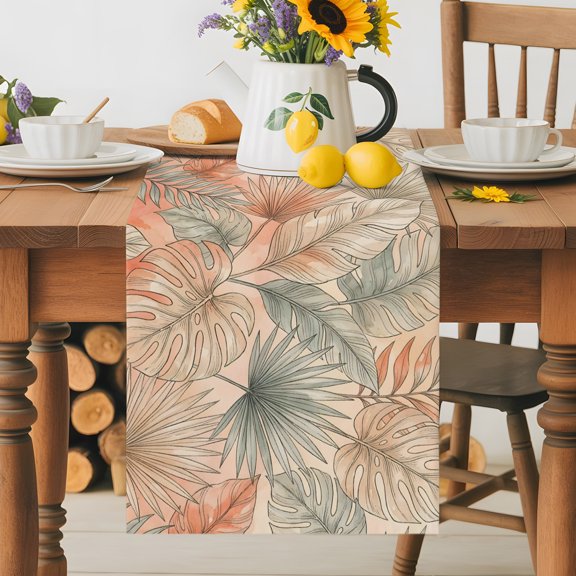 Kitchen Table Runner 36 Inches Long, Boho Tropical Monstera Palm Leaves Cotton Linen Table Runners for Dining Tables Home Holiday Party Wedding, Watercolor Botanical Leaf Tabletop Scarf