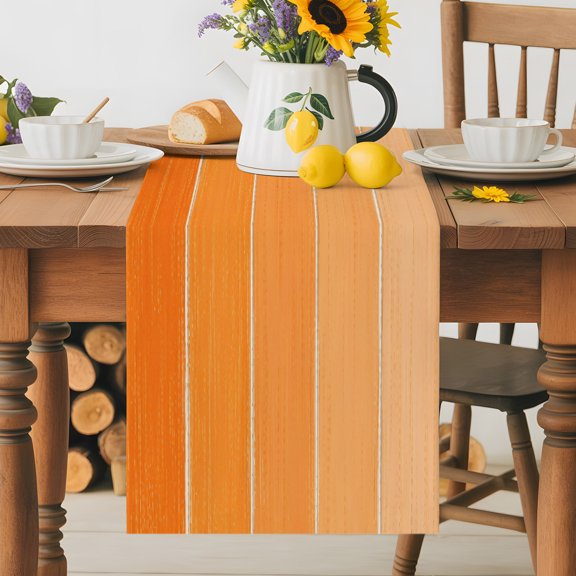 Kitchen Table Runner 36 Inches Long, Bright Orange Ombre Wooden Board Cotton Linen Table Runners for Dining Tables Home Holiday Party Wedding, Rustic Wood Grain Tabletop Scarf